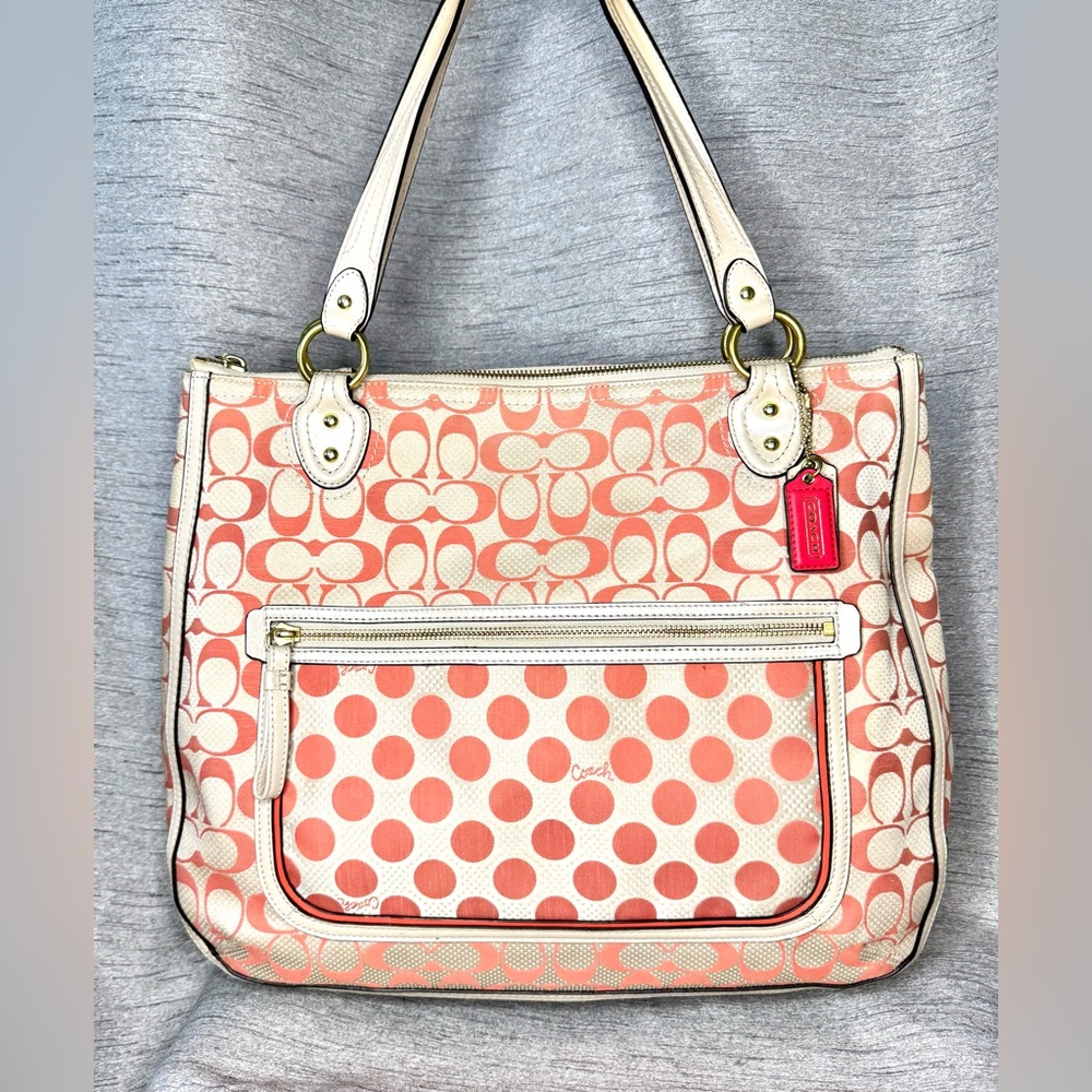 Coach Poppy Polka Dot Hallie Tote bag w/ Signature C in Cream & Peach / Pink